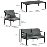 Outsunny Ensemble Salon de Jardin 4 pièces canapé 2 Places + 2 fauteuils + Table Basse Plateau à Lattes 8 Coussins Rembourrage épais déhoussables Aluminium Gris Noir