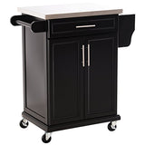 Chariot de service desserte de cuisine à roulettes multi-rangements placard double portes + étagères + range couverts et condiments latéral 84L x 46l x 91H cm plateau acier inoxydable bois noir