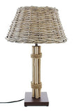 Lampe de table en bois flotté, abat-jour en osier cérusé gris, pied en métal laqué brun foncé