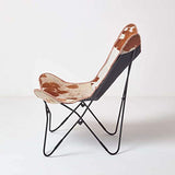HOMESCAPES Fauteuil Papillon en Cuir véritable Peau de Vache et métal, Chaise en Cuir Vintage, Fauteuil rétro, Marron et Blanc, 88 x 77 cm