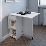 Meerveil Table à Manger Pliable, Table de Cuisine pour Petits Espaces avec 1 Tiroir et 2 Etagères de Rangement, pour Salle à Manger Cuisine, 72 x 120 x 75 cm, Blanc