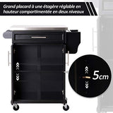 Chariot de service desserte de cuisine à roulettes multi-rangements placard double portes + étagères + range couverts et condiments latéral 84L x 46l x 91H cm plateau acier inoxydable bois noir