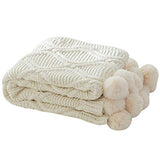 MYLUNE HOME Plaid Couverture Tricot en Chenille avec Les Pompons - Couverture de lit Douce et Chaude Jeté de Canapé (130 x 160cm)-Blanc