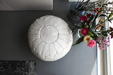 Pouf Artisanal Marocain en Cuir Véritable Fait Main - Vendu Rembourré - Repose-Pied, Coussin de Sol, Ottoman (Blanc)