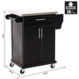 Chariot de service desserte de cuisine à roulettes multi-rangements placard double portes + étagères + range couverts et condiments latéral 84L x 46l x 91H cm plateau acier inoxydable bois noir