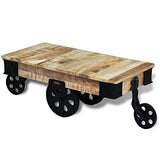 vidaXL Table Basse avec Roues de Salon Bois de manguier Brut Meuble de Rangement