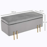 HOMCOM Grand Pouf Coffre de Rangement Design Contemporain- Banc avec Espace de Rangement - dim. 100L x 40l x 42H cm - Velours Gris Clair piètement métal doré