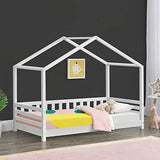 [en.casa] Lit d'enfant Design Forme Maison avec Barrière de Protection Anti-Chutes Lit Cabane avec Sommier à Lattes Construction Robuste Bois de Pin 160 x 80 cm Blanc Mat Laqué