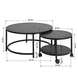 MEUBLE COSY Lot de 2 Tables Basses Gigognes Ronde avec roulettes Bout de Canapé en Bois et Cadre en Métal, Noir, 80x80x40/50x50x36cm