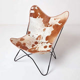 HOMESCAPES Fauteuil Papillon en Cuir véritable Peau de Vache et métal, Chaise en Cuir Vintage, Fauteuil rétro, Marron et Blanc, 88 x 77 cm