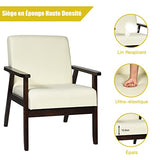 COSTWAY Fauteuil Salon Chaise Rétro, Chaise d'Appoint en Bois Rembourrée en Tissu, avec Pieds en Bois d’Hévéa, pour Salon, Bureau, Balcon, Beige/Gris/Foncé/Bleu (Beige)