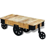 vidaXL Table Basse avec Roues de Salon Bois de manguier Brut Meuble de Rangement