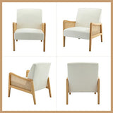 Chaise d'appoint moderne du milieu du siècle chaises rembourrées en velours avec tricot en bambou fauteuil confortable en tissu de lin avec accoudoirs en rotin pour salon,Blanc