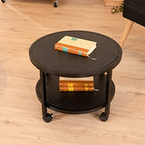 MEUBLE COSY Lot de 2 Tables Basses Gigognes Ronde avec roulettes Bout de Canapé en Bois et Cadre en Métal, Noir, 80x80x40/50x50x36cm