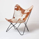 HOMESCAPES Fauteuil Papillon en Cuir véritable Peau de Vache et métal, Chaise en Cuir Vintage, Fauteuil rétro, Marron et Blanc, 88 x 77 cm