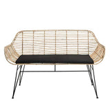 Canapé 2 Places Rotin Naturel Long Island Coussin Noir Pieds Métal