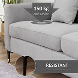 HOMCOM Canapé 3 Places Grand Confort - Rembourrage épais en Mousse Haute densité 25D - 2 Coussins - Piètement en métal Noir Tissu Aspect Lin Gris Clair