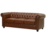 KMH Canapé confortable 3 places Chesterfield avec housse en cuir synthétique marron antique – Canapé rembourré confortable au design vintage