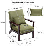 HomeMiYN Fauteuil Vintage en Bois Massif Fauteuil Salon en Imitation Lin et en Cuir PU avec Oreiller Lombaire, Dossier Ergonomique, Fauteuil d'appoint pour Salon, Chambre, Bureau, Balcon (Vert foncé)