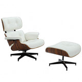 Chaise longue mi-siècle et pouf - Version plus grande - En cuir de fleur - Chaise moderne moderne - En bois massif - Mise à niveau 1 - Noyer crème