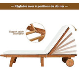 GOPLUS Chaise Longue en Bois Pliable avec Dossier Réglable sur 6 Positions et Coussin Amovible,Bain de Soleil d’Extérieur avec 2 Roues,Idéal pour Jardin,Terrasse,Piscine,195X68X30-90CM