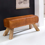 FineBuy Banc Bois Massif Cuir 90 x 43 x 30 cm Style rétro | Rembourré Banc | Banc en Cuir Salle à Manger Brun | Petit Banquette de lit Cuir véritable Banc Couloir