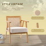 HOMCOM Fauteuil Lounge Chaise en Rotin avec Coussin - Dossier en cannage - Assise Profonde - accoudoirs - Structure Bois hévéa - Aspect Lin Beige