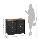 SONGMICS Commode en Tissu, Console Large 6 tiroirs, Meuble de Rangement vêtements, Style Industriel, Cadre en métal, Surface boisée, pour Chambre, Couloir, Marron Rustique et Noir LVT23HV1