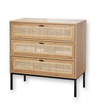 Casâme Commode 3 Tiroirs avec Façade Rotin - Meuble de Rangement pour Chambre ou Salon - Style Industriel - Décor Chêne et Piétement Métal Noir - 80 x 39 x H 79 cm