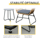 Outsunny Ensemble Bistro de Jardin 2 Places 3 pièces Style Exotique 2 fauteuils + Table Basse résine tressée Beige Acier époxy Gris