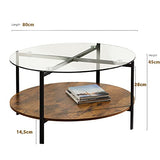 SICOTAS Table Basse Ronde Table Basse de Salon en Verre avec 2 Étagères, Structure en Métal, Design Industriel,Table en Verre pour Salon, Balcon, Bureau, 80 x 80 x 45 cm