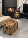 Coffre au trésor en bois avec 4 roues Style vintage - Couvercle rabattable et espace de rangement. 80x45x45 cm. Solide, Stable - aucun assemblage requis - table