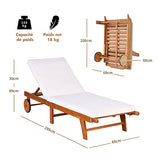 GOPLUS Chaise Longue en Bois Pliable avec Dossier Réglable sur 6 Positions et Coussin Amovible,Bain de Soleil d’Extérieur avec 2 Roues,Idéal pour Jardin,Terrasse,Piscine,195X68X30-90CM