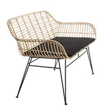 Canapé 2 Places Rotin Naturel Long Island Coussin Noir Pieds Métal