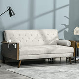 Canapé Convertible 3 Places Design scandinave Dossier inclinable 3 Positions Tablette Rabattable 2 Coussins Inclus Pieds effilés Bois Eucalyptus fumé Tissu Coton Polyester Aspect Lin Beige