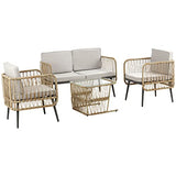 Outsunny Ensemble Salon de Jardin 4 pièces canapé 2 Places + 2 fauteuils + 1 Table Basse Plateau Verre trempé 8 Coussins - métal et résine tressée - Beige