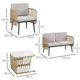 Outsunny Ensemble Salon de Jardin 4 pièces canapé 2 Places + 2 fauteuils + 1 Table Basse Plateau Verre trempé 8 Coussins - métal et résine tressée - Beige