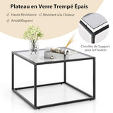 COSTWAY Table Basse Carrée, Table Basse Verre Trempé, Cadre en Métal Noir, Design Minimaliste, Table Salon, Repose-Pieds réglables, Assemblage Facile, 70 x 70 x 45 cm (Gris)