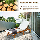 GOPLUS Chaise Longue en Bois Pliable avec Dossier Réglable sur 6 Positions et Coussin Amovible,Bain de Soleil d’Extérieur avec 2 Roues,Idéal pour Jardin,Terrasse,Piscine,195X68X30-90CM