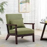 HomeMiYN Fauteuil Vintage en Bois Massif Fauteuil Salon en Imitation Lin et en Cuir PU avec Oreiller Lombaire, Dossier Ergonomique, Fauteuil d'appoint pour Salon, Chambre, Bureau, Balcon (Vert foncé)