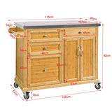 SoBuy® FKW70-N Meuble de Rangement Cuisine Buffet de Cuisine Roulant Desserte sur roulettes en Bambou - Plans de Travail en Acier INOX Grande Armoire de Rangement