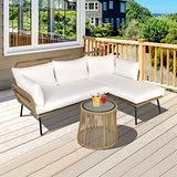 Outsunny Salon de Jardin d'angle 4 pers. Style Colonial Table Basse Coussins Grand Confort Inclus résine tressée Beige