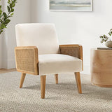 FABRICATION HAUS Fauteuil Salon en Velours Fauteuil de Coiffeuse Chaise Rembourrée avec Bras en Rotin & Pieds en Bois pour Salon, Beige