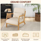 HOMCOM Fauteuil de Salon avec Cadre en Bois Massif Fauteuil Lounge - Assise Profonde - accoudoirs - Aspect Velours Beige