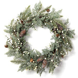 BEJOY Couronne de Noël Artificielle, 56cm Pomme de Pin Vigne Floquée Couronne de Sapin à Paillettes avec Baies Blanches pour Noël Maison Porte D'entrée Suspendue Mur Fenêtre Décor