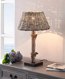 Lampe de table en bois flotté, abat-jour en osier cérusé gris, pied en métal laqué brun foncé