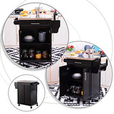 Chariot de service desserte de cuisine à roulettes multi-rangements placard double portes + étagères + range couverts et condiments latéral 84L x 46l x 91H cm plateau acier inoxydable bois noir