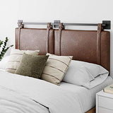 Nathan James Harlow Tête de lit rembourrée en Tissu avec Sangles en Cuir PU Vintage et Rails en métal Noir Mat, Métal Cuir, Marron/Noir, Queen Size
