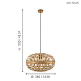 EGLO Suspension luminaire Amsfield, lustre vintage et boho en acier et bois naturel, lampe suspendue pour table à manger et salon, E27, Ø 38 cm