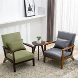 HomeMiYN Fauteuil Vintage en Bois Massif Fauteuil Salon en Imitation Lin et en Cuir PU avec Oreiller Lombaire, Dossier Ergonomique, Fauteuil d'appoint pour Salon, Chambre, Bureau, Balcon (Vert foncé)